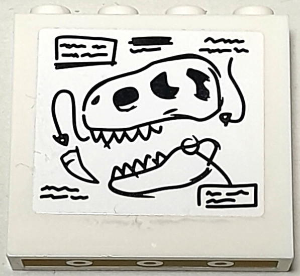 Panel 1 x 4 x 3 with Side Supports - Hollow Studs with Black Tyrannosaurus rex Skeleton Head Sketch and Writing Pattern (Sticker) - Set 76940