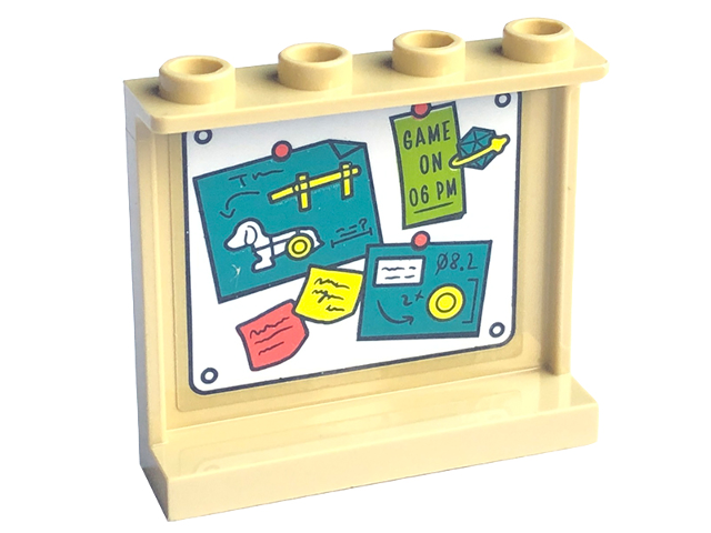 Panel 1 x 4 x 3 with Side Supports - Hollow Studs with Bulletin Board / Pinboard, 'GAME ON 06 PM', Drawings and Notes Pattern (Sticker) - Set 41755