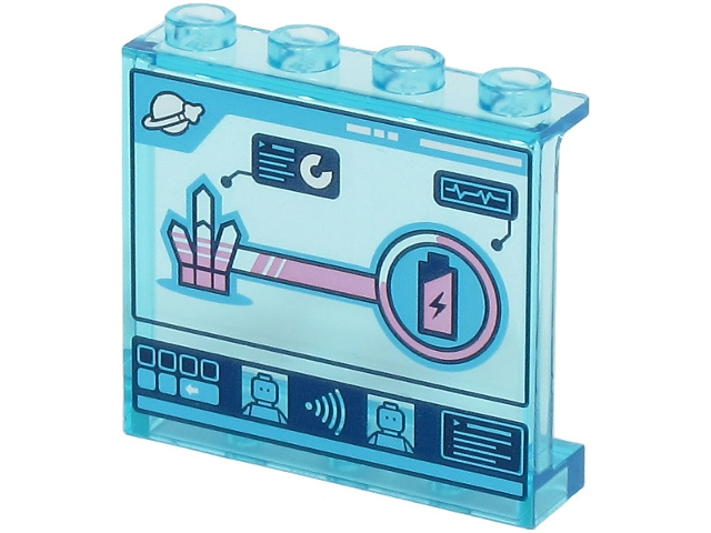 Panel 1 x 4 x 3 with Side Supports - Hollow Studs with Control Screen with Metallic Pink Crystal and Battery Charge, Space Logo and Minifigures Pattern