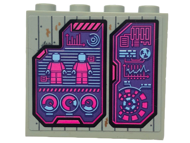 Panel 1 x 4 x 3 with Side Supports - Hollow Studs with Dark Pink and Medium Azure Minifigures, Graphs, Lines and Charts on Dark Purple Display Screens Pattern (Sticker) - Set 76253