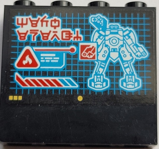 Panel 1 x 4 x 3 with Side Supports - Hollow Studs with Display Screen with Buttons, Grid, Text Box, Power Bar, Fire Danger Triangle and Ninjago Logogram 'MECH ENERGY' Pattern (Sticker) - Set 71767