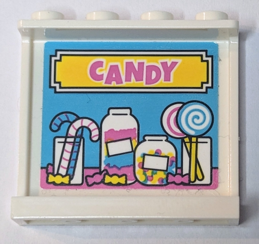 Panel 1 x 4 x 3 with Side Supports - Hollow Studs with Yellow Sign with Dark Pink 'CANDY', Jars, Lollipops and Sugar Canes on Medium Azure Background Pattern (Sticker) - Set 41456