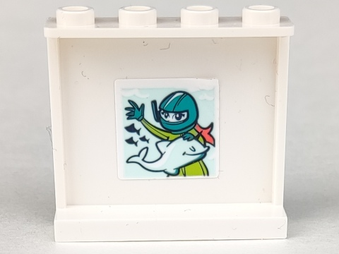 Panel 1 x 4 x 3 with Side Supports - Hollow Studs with Picture of Lime Diver with Dark Turquoise Helmet and Light Aqua Dolphin Pattern (Sticker) - Set 41381