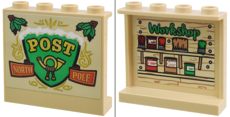 Panel 1 x 4 x 3 with Side Supports - Hollow Studs with Gold Mail Horn, 'POST' and 'NORTH POLE' on Outside and Bright Green 'Workshop', Paint and Brushes on Inside Pattern Model Right Side (Stickers) - Set 40746