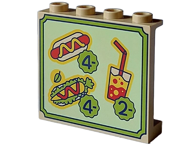 Panel 1 x 4 x 3 with Side Supports - Hollow Studs with Menu, Hot Dog with Mustard, Vegan Hot Dog with Ketchup, Yellow and Red Juice in Cup with Straw, Prices '2-' and '4-' Pattern