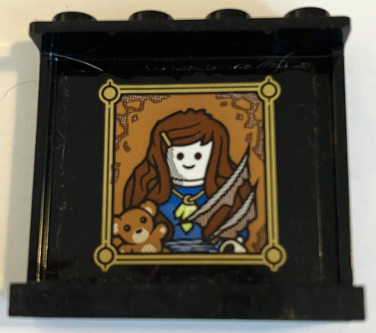 Panel 1 x 4 x 3 with Side Supports - Hollow Studs with Torn Portrait Painting of Female Minifigure and Teddy Bear in Gold Frame Pattern (Sticker) - Set 70425