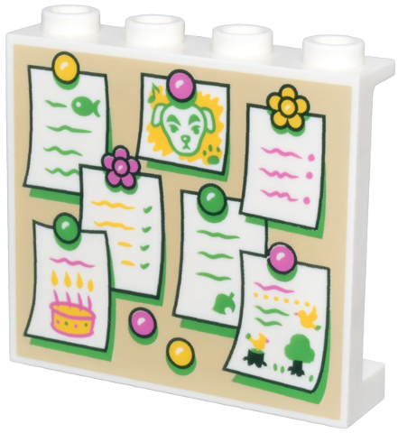 Panel 1 x 4 x 3 with Side Supports - Hollow Studs with Tan Bulletin Board, White Notes with Bright Green, Dark Pink and Yellow Pins, and Animal Crossing K.K. Slider Pattern