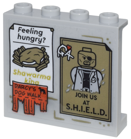 Panel 1 x 4 x 3 with Side Supports - Hollow Studs with Posters 'Feeling Hungry?' 'Shawarma king', 'DARCY'S DOG WALK' and Nick Fury 'JOIN US AT S.H.I.E.L.D.' Pattern (Sticker) - Set 76218