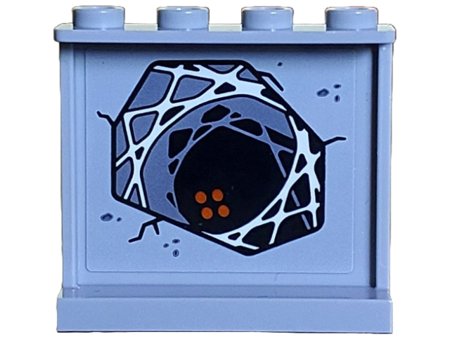 Panel 1 x 4 x 3 with Side Supports - Hollow Studs with White and Dark Bluish Gray Spider Web in Black Dark Hole with 4 Dark Orange Circles Pattern (Sticker) - Set 21348