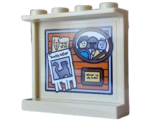 Panel 1 x 4 x 3 with Side Supports - Hollow Studs with Bulletin Board with Paper with Dragon Head Sketch, Missing Cat Notice and Plaque with 3 Adventurers / Minifigures Pattern (Sticker) - Set 21348