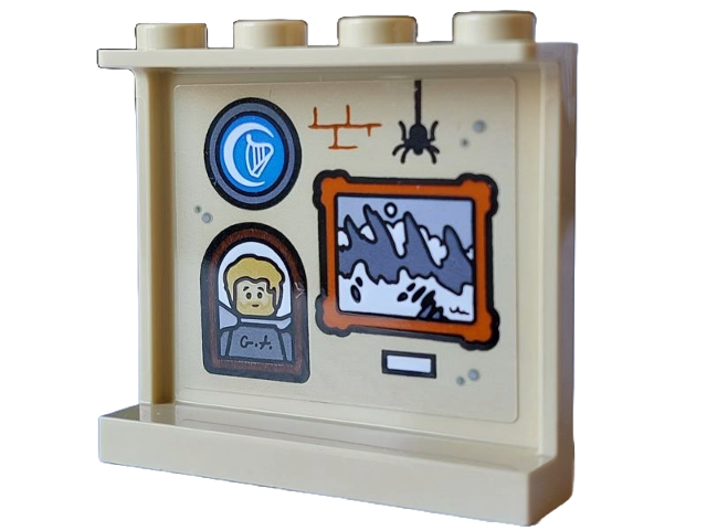 Panel 1 x 4 x 3 with Side Supports - Hollow Studs with Paintings of Harp in Crescent Moon, Heroic Minifigure and Mountain Scene, Black Spider and Dark Orange Brick Wall Outline Pattern (Sticker) - Set 21348