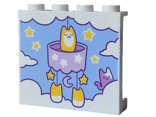 Panel 1 x 4 x 3 with Side Supports - Hollow Studs with Clouds, Medium Lavender Mobile with Crescent Moon and Yellow Stars and Cats on Bright Light Blue Background Pattern