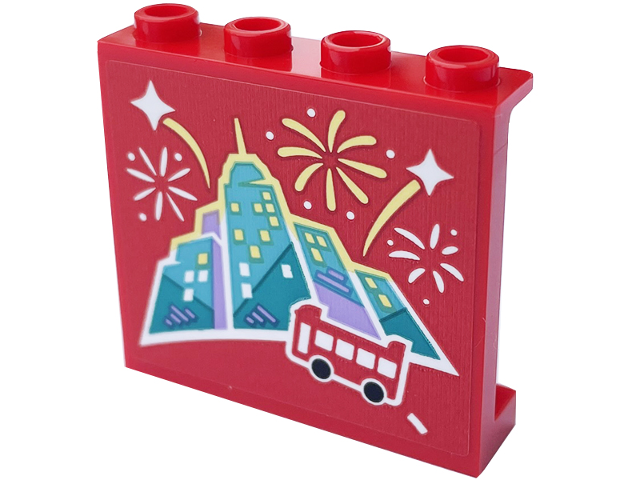 Panel 1 x 4 x 3 with Side Supports - Hollow Studs with Bus, Skyline and White and Bright Light Yellow Fireworks Pattern Model Left Side (Sticker) - Set 60407