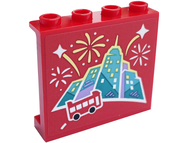 Panel 1 x 4 x 3 with Side Supports - Hollow Studs with Bus, Skyline and White and Bright Light Yellow Fireworks Pattern Model Right Side (Sticker) - Set 60407
