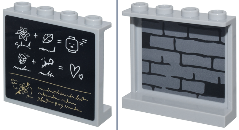 Panel 1 x 4 x 3 with Side Supports - Hollow Studs with Blackboard, White Symbols and Equation and Tan Script on Outside and Dark Bluish Gray Brick Wall with Black Mortar on Inside Pattern (Stickers) - Set 76431