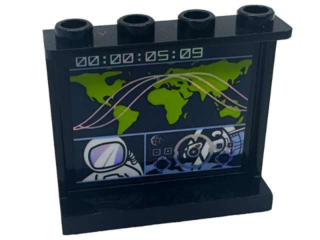 Panel 1 x 4 x 3 with Side Supports - Hollow Studs with Lime World Map, Iridescent Mirrored Satellite Trajectory, '00:00:05:09' and White Astronaut Pattern (Sticker) - Set 41713