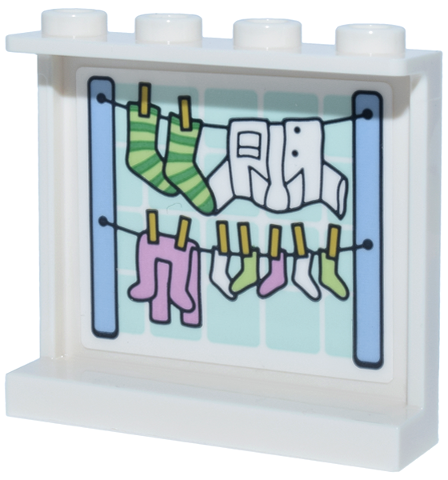 Panel 1 x 4 x 3 with Side Supports - Hollow Studs with Laundry, Shirt, Socks and Jumpsuit on Clothesline Pattern (Sticker) - Set 42670