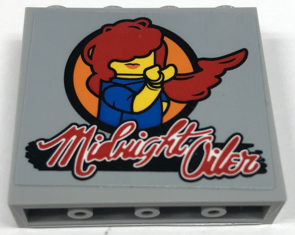 Panel 1 x 4 x 3 with Side Supports - Hollow Studs with Minifigure with Red Hair and 'Midnight Oiler' Pattern Model Left Side (Sticker) - Set 76947