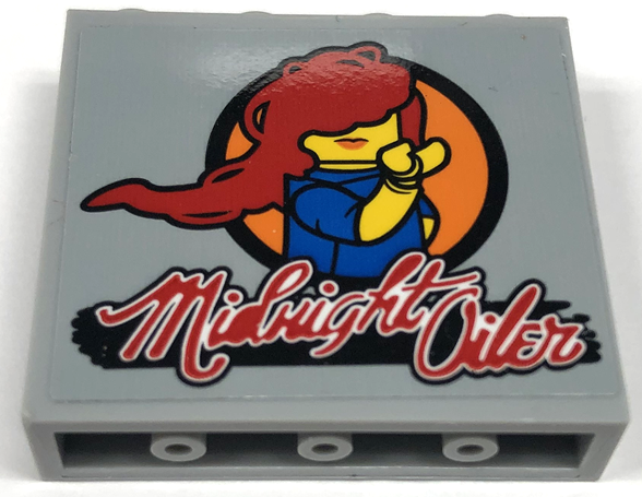 Panel 1 x 4 x 3 with Side Supports - Hollow Studs with Minifigure with Red Hair and 'Midnight Oiler' Pattern Model Right Side (Sticker) - Set 76947