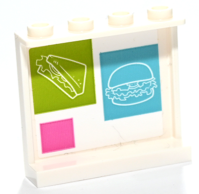 Panel 1 x 4 x 3 with Side Supports - Hollow Studs with Sandwich and Hamburger on Lime, Medium Azure and Dark Pink Squares Pattern (Sticker) - Set 41731