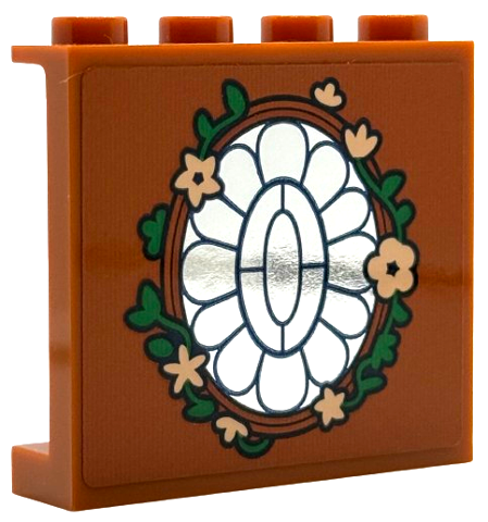 Panel 1 x 4 x 3 with Side Supports - Hollow Studs with Silver Window / Mirror with Blue Scalloped Stained Glass and Black Oval Frame with Light Nougat Flowers, Green Leaves Pattern (Sticker) - Set 75683
