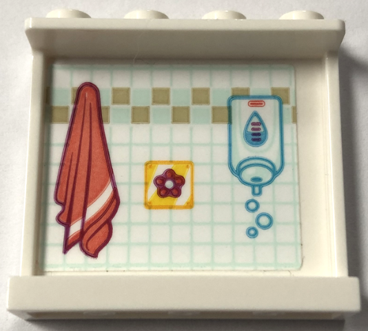 Panel 1 x 4 x 3 with Side Supports - Hollow Studs with Coral Towel and Tap on Yellow Panel, Soap Dispenser and Light Aqua Tiles Pattern (Sticker) - Set 41720