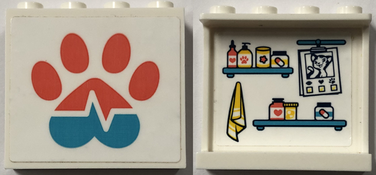 Panel 1 x 4 x 3 with Side Supports - Hollow Studs with Coral and Medium Azure Paw Print and Heart Beat on Outside and Towel and Shelves with Vet Supplies on Inside Pattern (Stickers) - Set 41445
