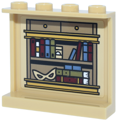 Panel 1 x 4 x 3 with Side Supports - Hollow Studs with Dark Tan and Gold Shelf with Drawers, White Mask and Dark Red, Olive Green and Sand Blue Books Pattern (Sticker) - Set 10351