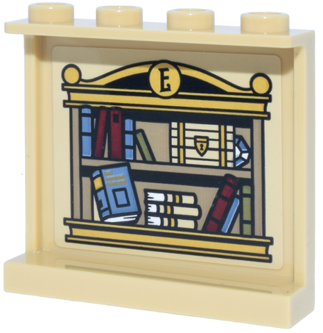 Panel 1 x 4 x 3 with Side Supports - Hollow Studs with Dark Tan and Gold Shelf, Black Letter E, Tan and White Chest with Lock and Dark Red, Olive Green and Sand Blue Books  Pattern (Sticker) - Set 10351
