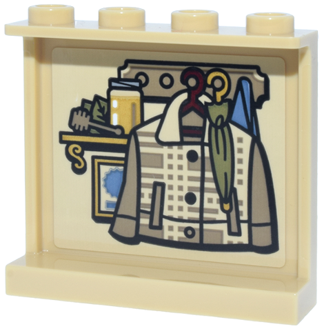 Panel 1 x 4 x 3 with Side Supports - Hollow Studs with Dark Tan Coat Rack, Plaid Jacket, Olive Green Umbrella, Gold Shelf with Jar and Honey Dipper Pattern (Sticker) - Set 10351