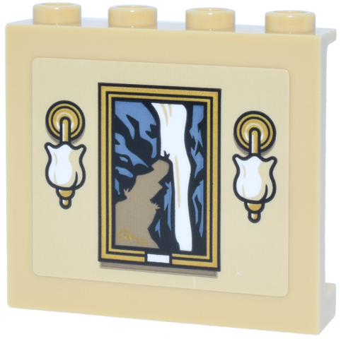 Panel 1 x 4 x 3 with Side Supports - Hollow Studs with Gold and White Light Sconces, Picture of Waterfall and Sand Blue and Dark Tan Cliff in Frame Pattern (Sticker) - Set 10351