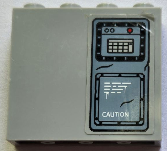 Panel 1 x 4 x 3 with Side Supports - Hollow Studs with Keypad, Lights, Scratches, White Lines and 'CAUTION' Pattern (Sticker) - Set 76948