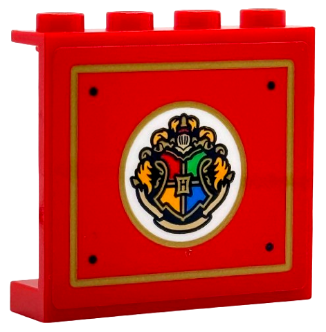 Panel 1 x 4 x 3 with Side Supports - Hollow Studs with Hogwarts Crest on White Oval Background, Gold Border and Frame, Black Rivets Pattern (Sticker) - Set 76450