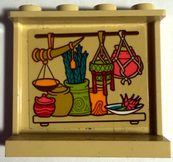 Panel 1 x 4 x 3 with Side Supports - Hollow Studs with Hanging Baskets and Horn, Dragon Fruit in Dish and Pots on Shelf Pattern (Sticker) - Set 43185