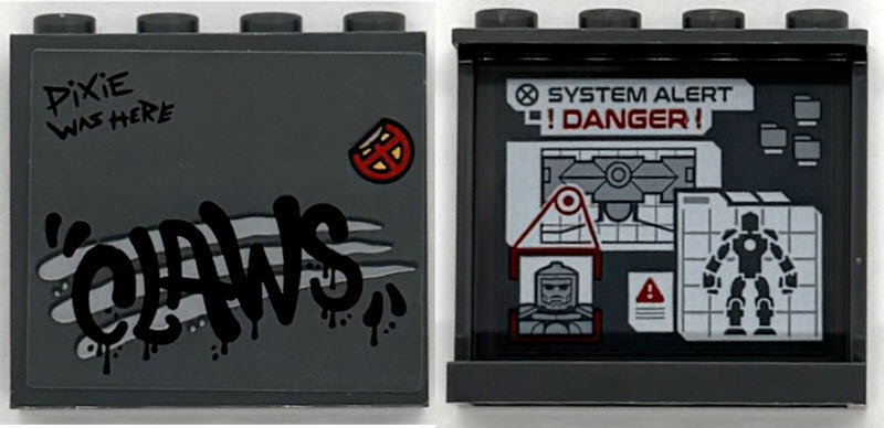 Panel 1 x 4 x 3 with Side Supports - Hollow Studs with 'PiXiE WAS HERE' and 'CLAWS' Graffiti on Outside, 'SYSTEM ALERT DANGER' and Diagrams on Inside Pattern (Stickers) - Set 76294