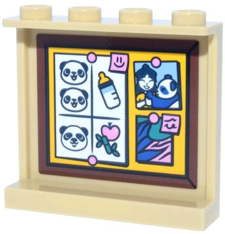 Panel 1 x 4 x 3 with Side Supports - Hollow Studs with Bright Light Orange Bulletin Board, Reddish Brown Frame, Bright Pink Notes, Pandas and Baby Bottle Pattern (Sticker) - Set 42648