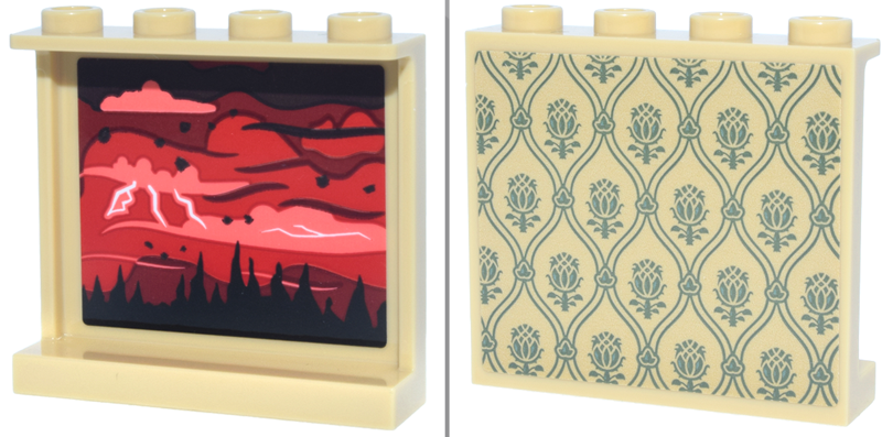 Panel 1 x 4 x 3 with Side Supports - Hollow Studs with Olive Green Wallpaper and Red, Black and Coral Jagged Landscape, Sky and Clouds on Inside Pattern (Stickers) - Set 11370