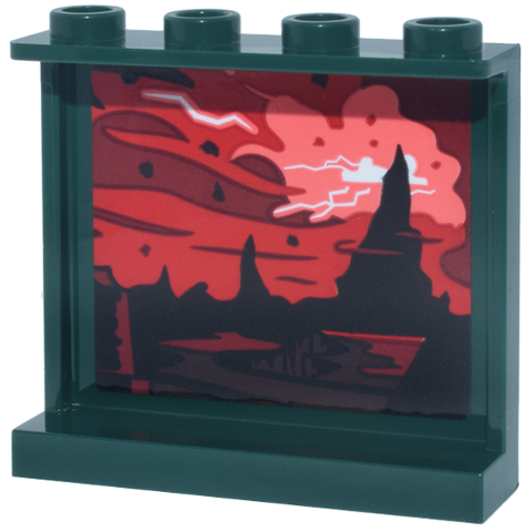 Panel 1 x 4 x 3 with Side Supports - Hollow Studs with Black Jagged Landscape, Red, Dark Red and Coral Sky and Clouds, White Lighting Pattern (Sticker) - Set 11370