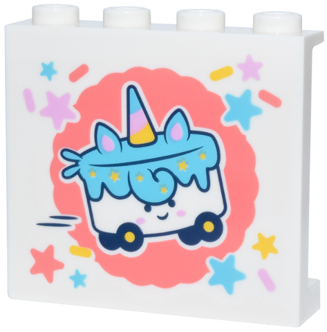 Panel 1 x 4 x 3 with Side Supports - Hollow Studs with Wheeled Cart with Medium Azure, Bright Pink, Yellow Unicorn, Stars and Sprinkles on Coral Circle Background Pattern