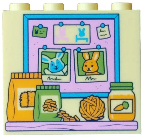 Panel 1 x 4 x 3 with Side Supports - Hollow Studs with Bright Pink Shelf and Bulletin Board with Medium Azure Frame and Pins, Notes, Photos with Bunnys / Rabbits, Food Packages, Carrot Jar, Ball of Wool Pattern