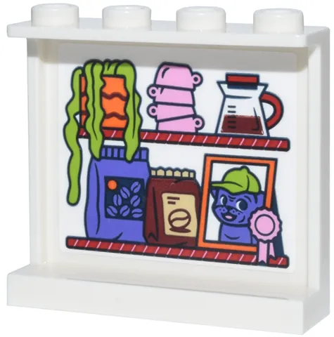 Panel 1 x 4 x 3 with Side Supports - Hollow Studs with Red Shelves with Plant, Cups, Coffee Pot, Bags, Frame and Ribbon Pattern (Sticker) - Set 42677