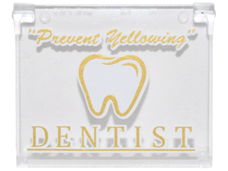 Glass for Window 1 x 4 x 3 - Opening with Gold and White '"Prevent Yellowing"', 'DENTIST' and Tooth Pattern