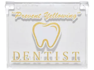 Glass for Window 1 x 4 x 3 - Opening with Gold and White '"Prevent Yellowing"', 'DENTIST' and Tooth Pattern