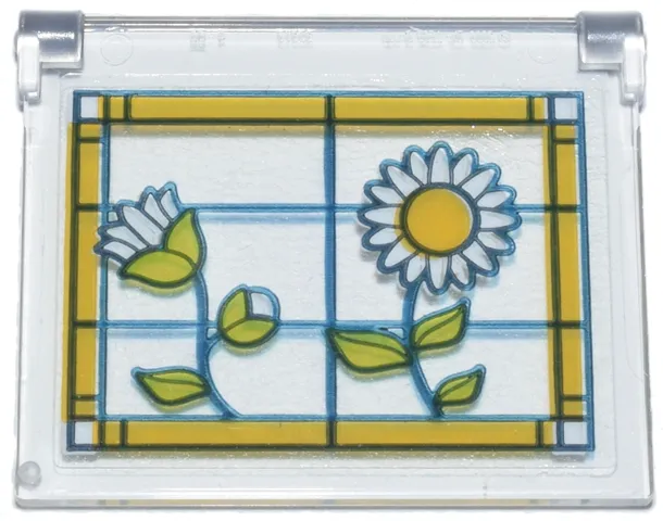 Glass for Window 1 x 4 x 3 - Opening with Stained Glass, Bright Light Orange Frame, White Flowers and Lime Leaves Pattern Model Left Side (Sticker) - Set 42671
