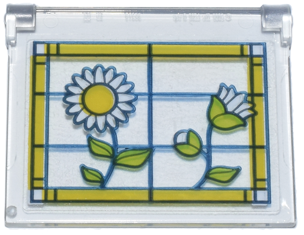 Glass for Window 1 x 4 x 3 - Opening with Stained Glass, Bright Light Orange Frame, White Flowers and Lime Leaves Pattern Model Right Side (Sticker) - Set 42671