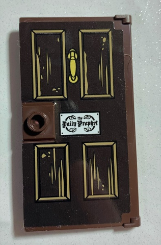 Door 1 x 4 x 6 with Stud Handle with Dark Brown Wooden Door with White 'the Daily Prophet' Sign Plate Pattern (Sticker) - Set 75978