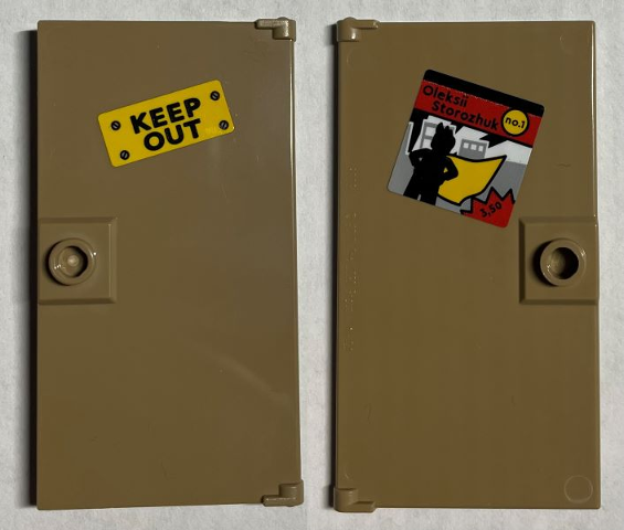 Door 1 x 4 x 6 with Stud Handle with 'KEEP OUT' Sign and Poster with Silhouette, Yellow Cape and 'Oleksii Storozhuk' on Back Pattern (Sticker) - Set 21330