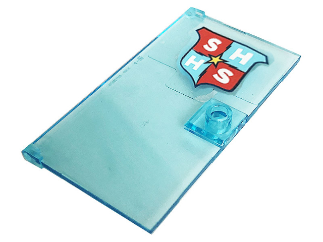 Door 1 x 4 x 6 with Stud Handle with Bright Light Orange Star, Medium Azure and Red 'SHHS' Shield (Super Hero High School) Pattern (Sticker) - Set 41232