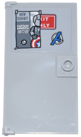 Door 1 x 4 x 6 with Stud Handle with Blue Avengers Logo and Flyer 'NEW EXHIBIT' and 'CAPTAIN AMERICA' Covering Red Exit Only Sign Pattern (Sticker) - Set 76269