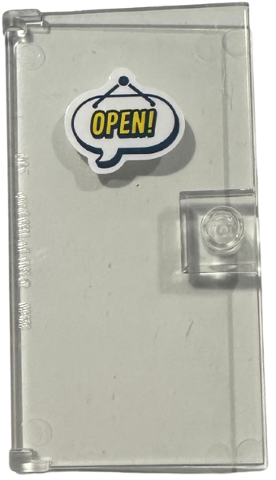 Door 1 x 4 x 6 with Stud Handle with White Speech Bubble with Yellow 'OPEN!' Pattern (Sticker) - Set 42674